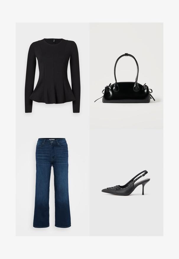Sort langærmet top med rund halsudskæring, der har en peplumnederdel og sømdetaljer for en struktureret pasform. Lavet af glat stof.; ONLY Petite ONLMADISON BLUSH WIDE - Wide leg - dark blue denim; Sorte læder slingback stiletto med spids tå, side spændebånd, nitter langs kanten og dekorativ snøring foran.; Lille sort blank håndtaske med to lange håndtag og snøre-detaljer i siden på en ensfarvet lys baggrund.
