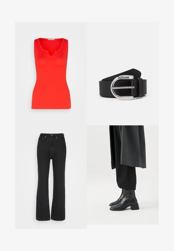 Anna Field by Zalando Top - red; Weekday RESOLUTE RIGID CURVE - Džínsy s rovným strihom - ink black; Čierne kožené členkové čižmy s nízkymi blokovými podpätkami nosené s čiernymi nohavicami a tmavosivým dlhým kabátom.; Čierny kožený opasok so striebornou kovovou prackou, ktorý sa vyznačuje hladkou textúrou a klasickým dizajnom. Popruh má šírku 1,5 palca.