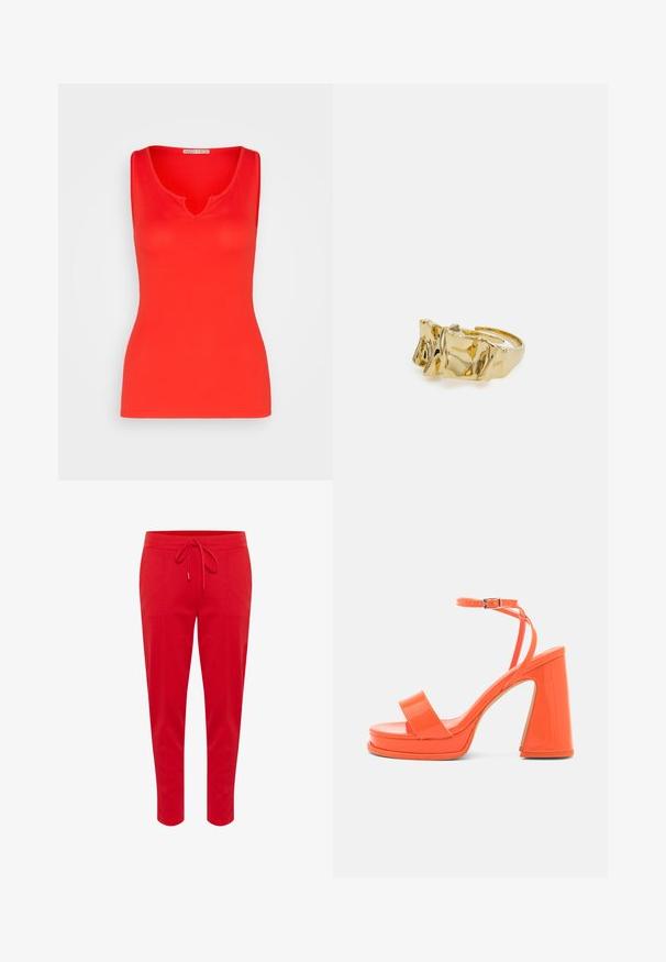 Anna Field Top - red; Pantalones jogger rojos fabricados en tejido suave, con una cintura ajustable y un diseño de pierna cónica. Textura lisa sin patrones ni acentos.; Call it Spring Sandalias de tacón - bright orange; Anillo de oro con diseño texturizado y ondulado que presenta tres picos prominentes. Superficie lisa y brillante con una banda abierta para un ajuste ajustable.