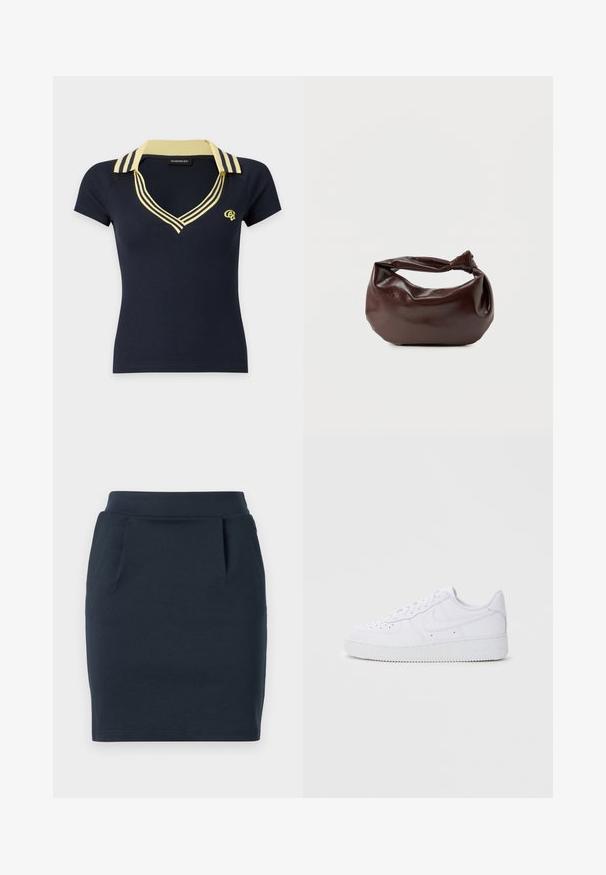 Marineblå kortærmet polo-shirt med gulstribet krave og halsudskæring, med lille gult logo på venstre bryst.; Mørkeblå strækjersey nederdel med en tætsiddende silhuet, der har en glat talje og to forlommer.; Hvide Nike Air Force 1 sneakers med læderoverdel, rund tå, snørelukning, polstret krave og struktureret gummisål.; Mørkebrun læder skuldertaske med en blød, afslappet form og et snoet knudehåndtag på en ensartet hvid baggrund.