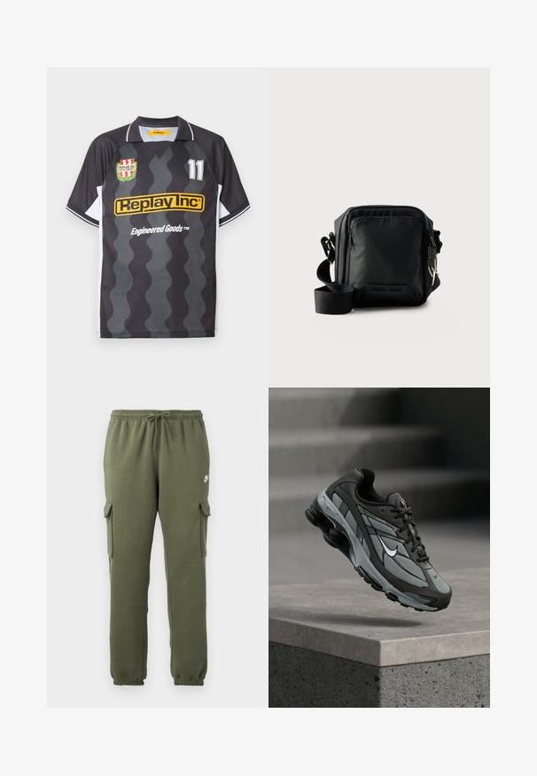 Schwarz- und grau gestreiftes, wellenförmiges Fußballtrikot mit kurzen Ärmeln, weißen Seiteneinsätzen, Replay Inc Logo, der Nummer 11 und dem Vereinswappen auf der Brust.; Olivgrüne Cargo-Hosen mit elastischem Bund, Kordelzugverschluss, Seitentaschen und logo auf dem Oberschenkel. Glattes Baumwollmischgewebe.; Grauer und schwarzer Sportschuh mit Netzpaneelen und dicker Sohle, schwebend in der Luft über einer Betonmauer mit Treppen im Hintergrund.; Schwarze kompakte Umhängetasche mit vorderer Reißverschlusstasche, verstellbarem Riemen und strukturiertem Stoff vor einfarbigem Hintergrund.