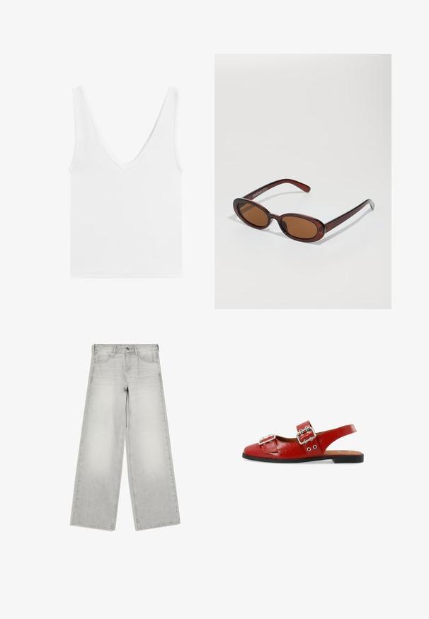 Wit mouwloos tanktopje met diepe V-hals en brede schouderbanden, afgebeeld op een effen achtergrond.; Lichtgrijze jeans met wijde pijpen, knoop- en ritssluiting, voorzakken en riemlussen, plat weergegeven op een witte achtergrond.; Rode patenten leren slingback schoen met een ronde neus, dubbele gespaccents en een vlakke zwarte zool. Inclusief zij-invoegen voor ventilatie.; Ronde, bruin getinte zonnebril met een glanzend bordeauxrood frame. Slanke pootjes met subtiele merkdetails. Vlakke lensontwerp.