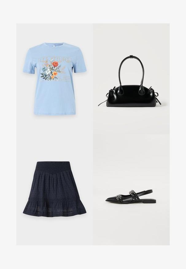 T-shirt bleu clair à manches courtes avec un motif floral et le texte "LES FLEURS" en or au-dessus de fleurs orange, blanches et bleues.; Jupe bleu marine longueur genou avec taille smockée élastique, motif discret à pois et ourlet volanté.; Even&Odd by Zalando Ballerines à brides arrière - black; Petit sac à main noir brillant avec deux longues anses et des détails à cordon sur les côtés sur un fond clair uni.