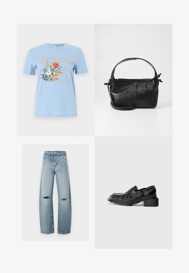 Lyseblå kortærmet t-shirt med et blomsterprint og teksten "LES FLEURS" i guld over orange, hvide og blå blomster.; Lyseblå straight-leg denim jeans med slidte revner på begge knæ, forlommer, bæltestropper og knaplukning.; Sorte læderloafers med en struktureret sål, der har en let forhøjet blokhæl og en tekstureret overdel, sikret med en frontrem.; Sort læderhåndtaske med et struktureret design, rund tophåndtag og aftagelig skulderrem. Den har en glat tekstur og en subtil glans.