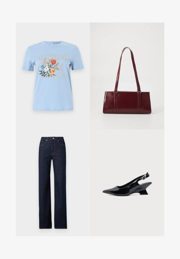 Camiseta de manga corta azul claro con un gráfico floral y el texto "LES FLEURS" en dorado sobre flores naranjas, blancas y azules.; Vaqueros de mezclilla azul marino con un diseño de pierna recta, estilo clásico de cinco bolsillos, costuras visibles y cierre frontal con botón.; Zapato slingback de cuero charol negro con puntera puntiaguda y tacón bajo en bloque inclinado sobre fondo claro liso.; Bolso burdeos hecho de material brillante, de forma rectangular, con dos asas para el hombro y sutiles acentos curvados en la parte frontal.