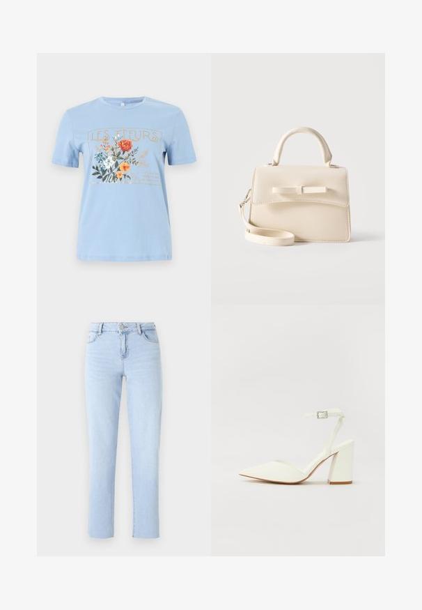 Lyseblå kortærmet t-shirt med et blomsterprint og teksten "LES FLEURS" i guld over orange, hvide og blå blomster.; Lyseblå lige ben jeans lavet af denim, med en standard talje, fem lommer og subtile sømdetaljer.; Hvide hælede sandaler med spids tå, justerbar ankelrem og en kraftig firkantet hæl. Glat tekstur med minimale syninger.; Lille beige håndtaske med top-håndtag, aftagelig rem, forreste klap og dekorativ vandret sløjfe på en ensfarvet baggrund.