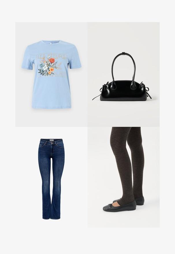 Lyseblå kortærmet t-shirt med et blomsterprint og teksten "LES FLEURS" i guld over orange, hvide og blå blomster.; Mørkeblå denim jeans med let falming, fem-pockets design, knaplukning og bootcut benstil, mærket "ONLY" på linningen.; Ben iført mørke ribbede leggings kombineret med sorte balletsko med små sløjfedetaljer på hvid baggrund.; Lille sort blank håndtaske med to lange håndtag og snøre-detaljer i siden på en ensfarvet lys baggrund.