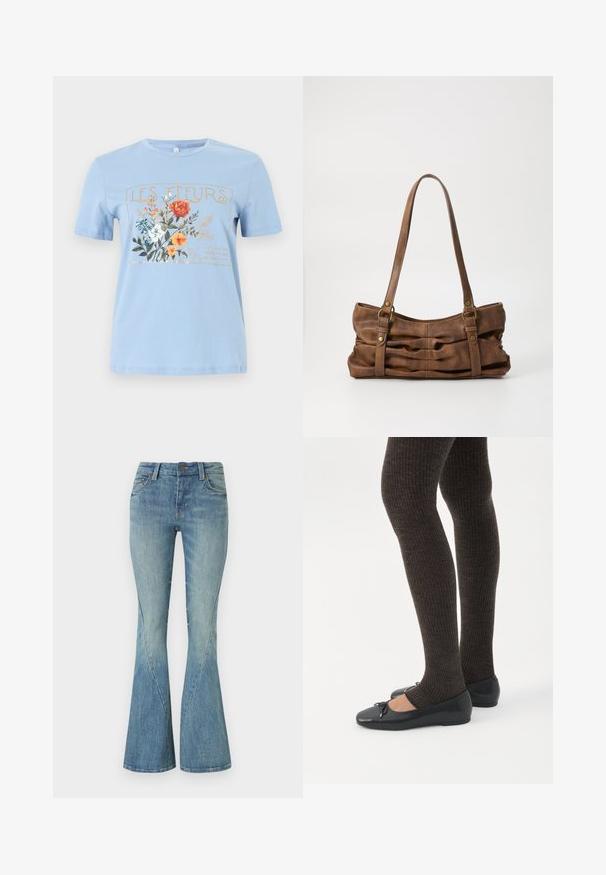 T-shirt bleu clair à manches courtes avec un motif floral et le texte "LES FLEURS" en or au-dessus de fleurs orange, blanches et bleues.; Jeans évasés bleu clair fabriqués en denim. Comprend une fermeture à bouton à l'avant, cinq poches et un léger délavage pour la texture.; Jambes portant des leggings côtelés foncés associés à des ballerines noires avec de petits détails en nœud sur fond blanc.; Even&Odd by Zalando Sac à main - brown