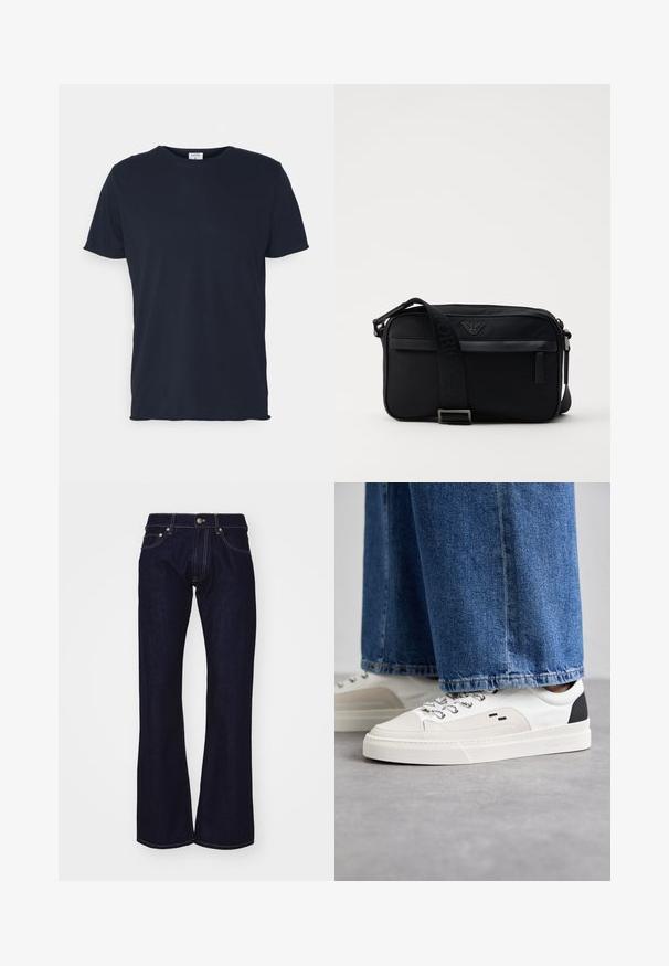 T-shirt en coton bleu marine avec un col rond et des manches courtes, présentant une texture lisse et un design simple, sans motifs ni accents visibles.; Jean flare en denim bleu foncé avec une taille haute, dotée de surpiqûres jaunes contrastantes et de fournitures métalliques à la taille et aux poches.; Baskets blanches et noires avec une tige en cuir lisse, des accents texturés et une semelle épaisse blanche. Présentent un design classique à lacets.; Sac à bandoulière en nylon noir avec une sangle contrastante, une forme rectangulaire élégante, un détail de logo et une poche zippée à l'avant.