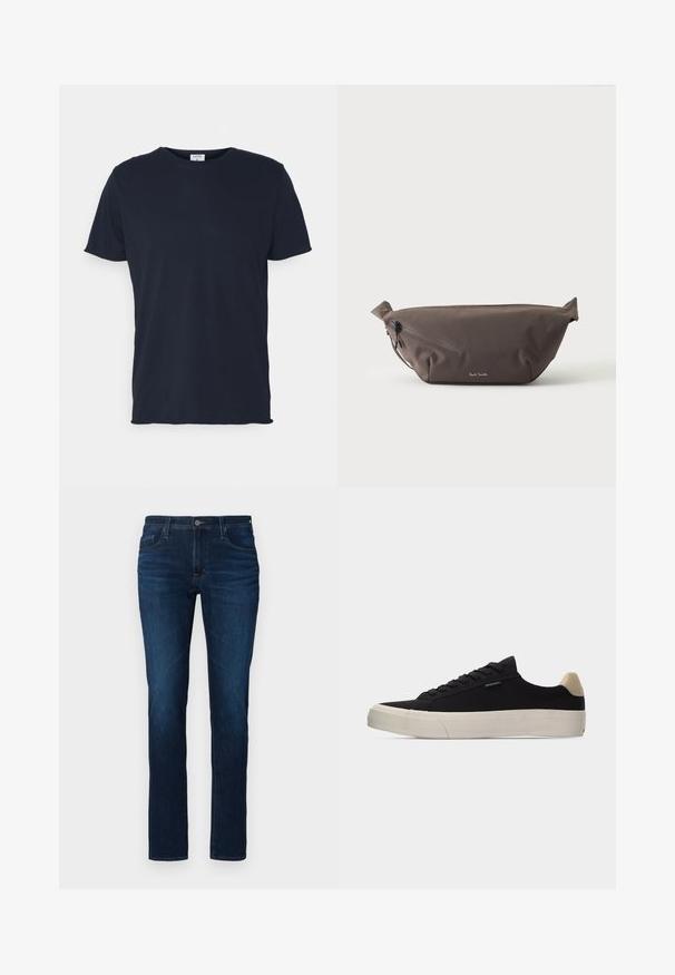 Marineblaue Baumwoll-T-Shirt mit Rundhalsausschnitt und kurzen Ärmeln, mit einer glatten Oberfläche und einfachem Design, ohne sichtbare Muster oder Akzente.; Dunkelblaue Jeans aus Denim mit geradem Bein, ausgestattet mit einem standardmäßigen Knopf- und Reißverschluss, fünf Taschen und leichter Ausbleichung.; Schwarzer Low-Top-Sneaker mit beigem Fersenlasche, weißer dicker Gummisohle, schwarzen Schnürsenkeln und kleinem "PS Paul Smith"-Label an der Seite.; Dunkelbraune Stoff-Gürteltasche mit diagonalem Reißverschlussfach und kleinem weißen Logo vorne, vor einem einfarbigen hellen Hintergrund.