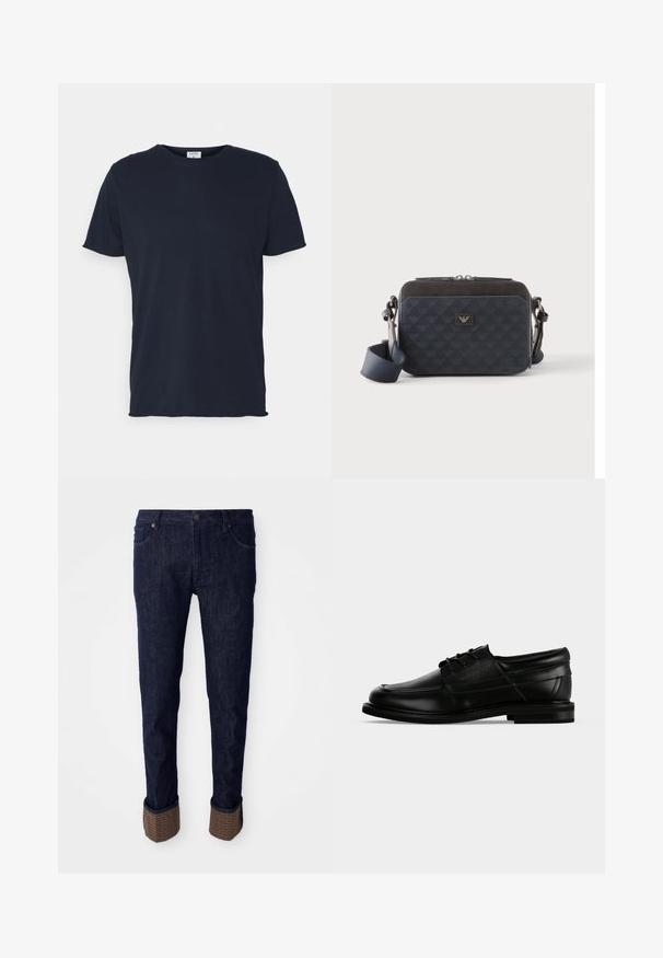 Navyblauwe katoenen t-shirt met ronde hals en korte mouwen, met een gladde textuur en eenvoudig ontwerp, zonder zichtbare patronen of accenten.; Donkerblauwe denim jeans met een rechte pasvorm, voorzien van opgerolde manchetten in een gestructureerd bruin materiaal met een logo-patroon. Standaard vijf-pocket ontwerp.; Zwarte leren herenschoen met veters, lage hak en een aangebrachte merknaam aan de zijkant, weergegeven in zijaanzicht op een witte achtergrond.; Rechthoekige donkerblauwe crossbodytas met verstelbare riem, ritssluiting en subtiel logopatroon op het voorpaneel.