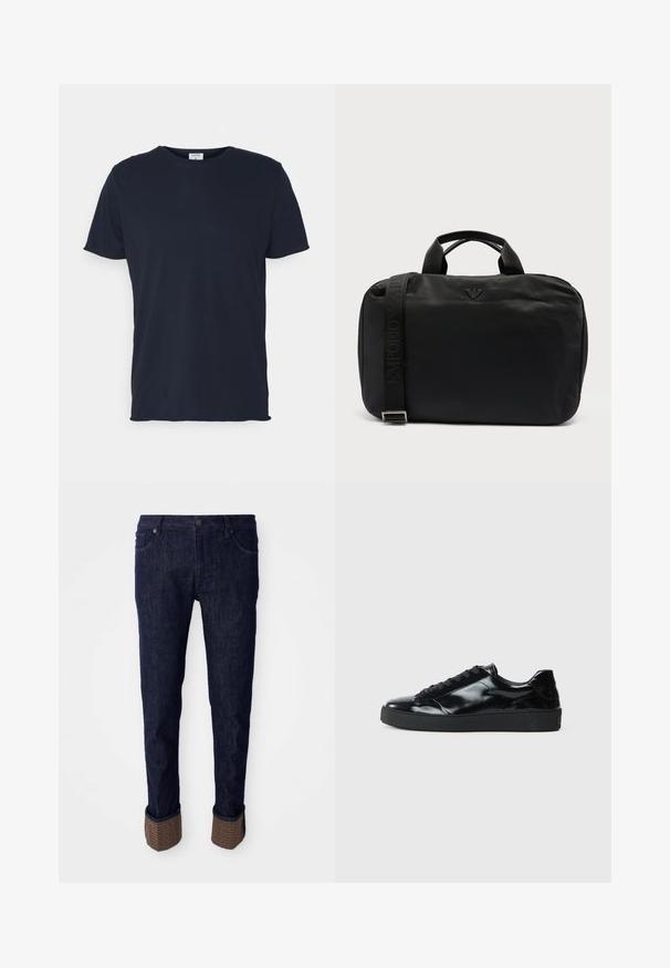 Marineblå bomulds t-shirt med rund hals og korte ærmer, med en glat tekstur og enkel design, uden synlige mønstre eller accenter.; Mørkeblå denim jeans med lige pasform, forsynet med opuldet nederdel i et struktureret brunt materiale med et logo- mønster. Standard fem-lomme design.; Sorte laklæder sneakers med rund tå, snørredesign, tekstureret gummisål og en glat overflade.; Sort rektangulær skuldertaske med to håndtag, Emporio Armani-logo foran og justerbar, mærket rem på venstre side.