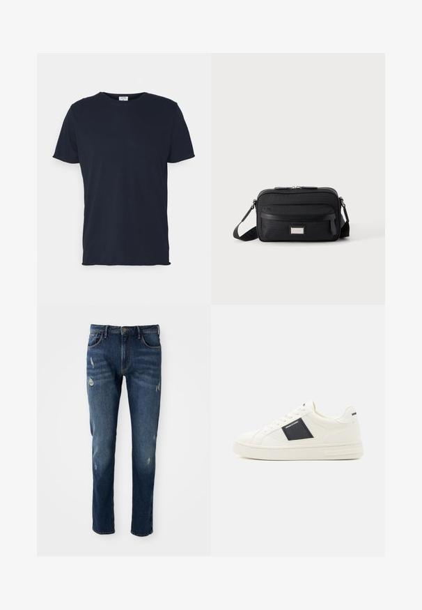 Navyblauwe katoenen t-shirt met ronde hals en korte mouwen, met een gladde textuur en eenvoudig ontwerp, zonder zichtbare patronen of accenten.; Donkerblauwe denim jeans met slim fit, lichte slijtage op de dijen en knieën, klassiek vijf-pocket ontwerp en knoopsluiting.; Witte leren sneakers met een marineblauwe accent, ronde neus, platte rubberen zool en een minimalistisch ontwerp. Heeft branding aan de zijkant en op de hiel.; Zwarte rechthoekige crossbodytas met voorvak met ritssluiting, verstelbare schouderband en zilveren rechthoekige logo-plaat op effen achtergrond.