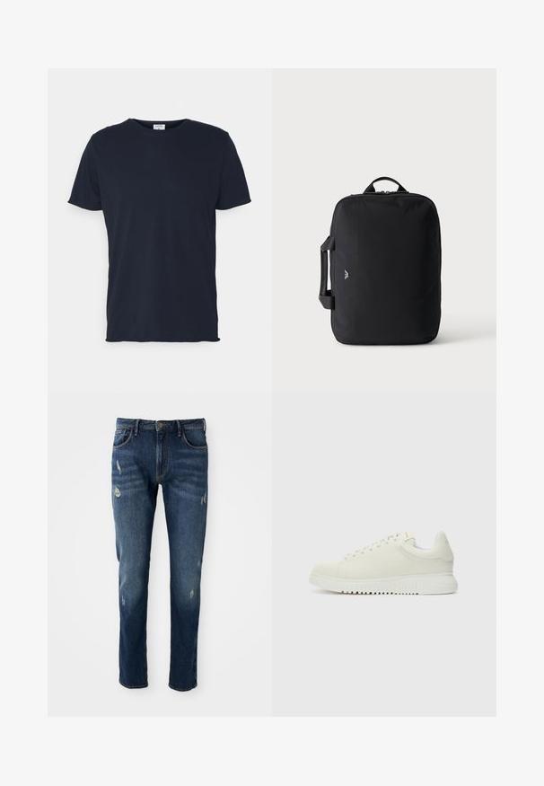 Marineblaue Baumwoll-T-Shirt mit Rundhalsausschnitt und kurzen Ärmeln, mit einer glatten Oberfläche und einfachem Design, ohne sichtbare Muster oder Akzente.; Dunkelblaue Jeans aus Denim mit slim fit, leichten Abnutzungen an den Oberschenkeln und Knien, klassischem Fünf-Taschen-Design und Knopfverschluss.; Weiße Leder-Sneaker mit texturiertem Obermaterial, runder Zehenpartie, flacher weißer Sohle und tonalen Schnürsenkeln. Dezentes Branding auf der Zunge.; Schwarze rechteckige Reisetasche mit oberen und seitlichen Griffen, minimalistischem Design und kleinem Logo vorne vor hellem, einfarbigem Hintergrund.