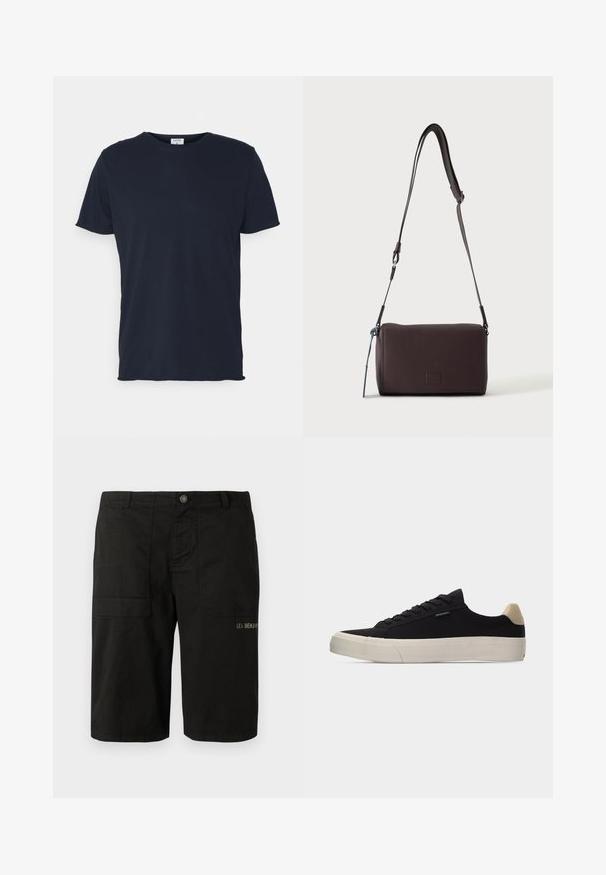 T-shirt en coton bleu marine avec un col rond et des manches courtes, présentant une texture lisse et un design simple, sans motifs ni accents visibles.; Shorts cargo noirs en coton, avec fermeture à bouton, deux poches latérales et broderie discrète "LES BENJAMINS" à l'avant.; Baskets basses noires avec languette beige au talon, semelle en caoutchouc blanche épaisse, lacets noirs et petite étiquette "PS Paul Smith" sur le côté.; Sac bandoulière en cuir marron foncé texturé avec une sangle réglable et un petit accent décoratif bleu sur le côté.