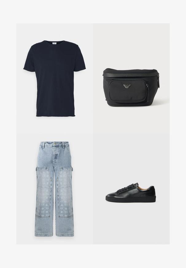 Navyblauwe katoenen t-shirt met ronde hals en korte mouwen, met een gladde textuur en eenvoudig ontwerp, zonder zichtbare patronen of accenten.; Lichtblauwe denim cargo broek met een wijde pasvorm, grote opgestikte zakken en een subtiele bloemenprint op de onderste panelen, afgewerkt met gouden hardware-accenten.; Zwarte leren sneaker met een gladde textuur, ronde neus en vetersluiting. Heeft een dikke rubberen zool en minimale merkaanpassing.; Zwarte heuptas met voorvak met rits en zilveren adelaarlogo, gladde stof met gestructureerde afwerking en ritstrekker.