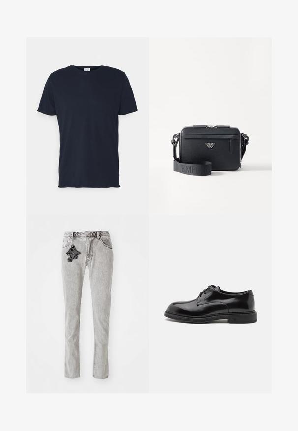 Camiseta de algodón azul marino con cuello redondo y mangas cortas, de textura suave y diseño simple, sin patrones ni acentos visibles.; Vaqueros de mezclilla rectos gris claro con cremallera, cinco bolsillos y un acento decorativo de llavero negro en la parte frontal.; Zapato de vestir de cuero negro con un acabado suave, punta redondeada y cordones. Cuenta con una suela negra gruesa y un sutil detalle de costura a lo largo del borde.; Bolsa bandolera negra hecha de material texturizado. Presenta un cierre con cremallera, un bolsillo frontal con cremallera y un acento de logo metálico. Incluye una correa ajustable.