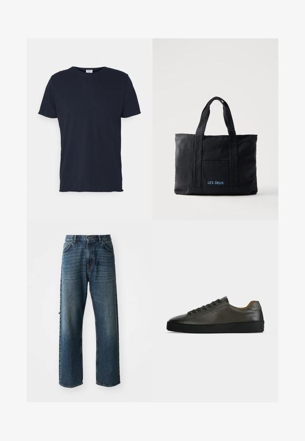 Navyblauwe katoenen t-shirt met ronde hals en korte mouwen, met een gladde textuur en eenvoudig ontwerp, zonder zichtbare patronen of accenten.; NN.07 OTIS - Straight leg jeans - stonewashed; Donkergrijze leren lage sneaker met zwarte veters en zool, minimalistisch ontwerp, zijaanzicht op een effen lichte achtergrond.; Zwarte canvas tote bag met twee handvatten, een voorvak en "LES DEUX" in blauw geborduurd op het voorvak.