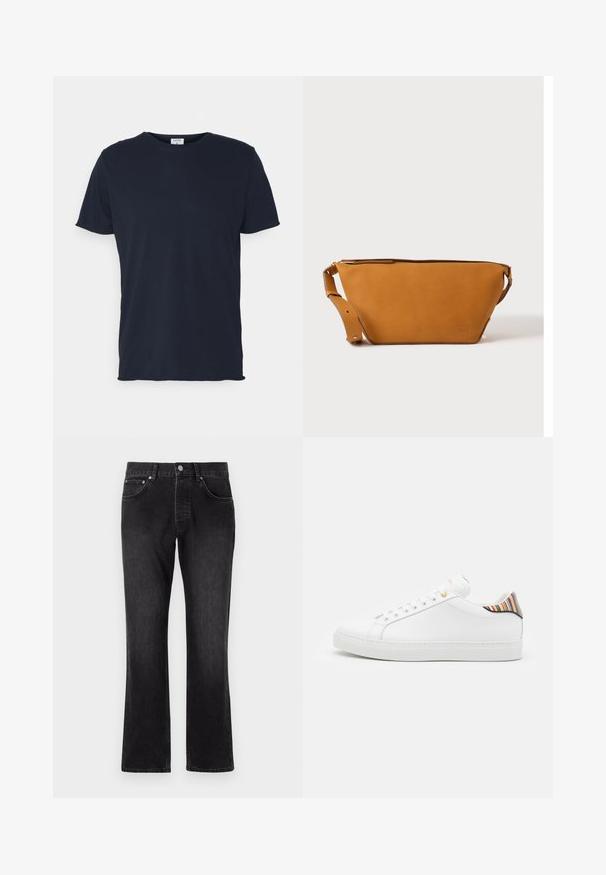 T-shirt en coton bleu marine avec un col rond et des manches courtes, présentant une texture lisse et un design simple, sans motifs ni accents visibles.; Jean en denim noir avec une coupe droite, présentant une taille mi-haute, des poches avant et une fermeture à boutons classique.; Baskets en cuir blanc avec une finition lisse, présentant un accent rayé coloré au niveau du talon, des œillets dorés et une semelle blanche plate.; Sac bandoulière en cuir marron clair avec sangle réglable et fermeture éclair, présenté sur un fond clair uni.