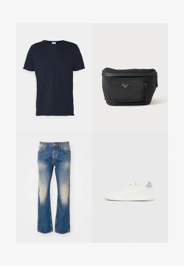 T-shirt en coton bleu marine avec un col rond et des manches courtes, présentant une texture lisse et un design simple, sans motifs ni accents visibles.; Jean flare en denim bleu clair avec décoloration sur les cuisses, cinq poches, fermeture à bouton en métal et détails de couture contrastante.; Baskets basses blanches avec un onglet de talon gris, des lacets blancs et une semelle texturée, présentées sur un fond uni clair.; Sac banane noir avec poche avant zippée et logo aigle argenté, tissu lisse avec bordure texturée et tirettes de fermeture éclair.