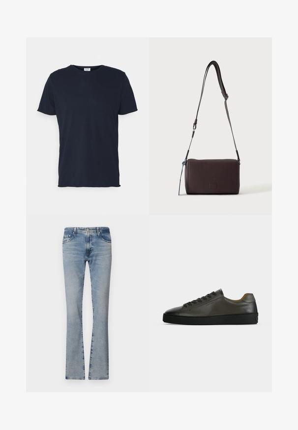 Marineblaue Baumwoll-T-Shirt mit Rundhalsausschnitt und kurzen Ärmeln, mit einer glatten Oberfläche und einfachem Design, ohne sichtbare Muster oder Akzente.; Hellblaue, ausgestellte Jeans aus Denim mit mittelhohem Bund, fünf Taschen und einem verblassten Finish, ausgestattet mit einem Reißverschluss und einem Metallknopfverschluss.; Niedriger dunkelgrauer Ledersneaker mit schwarzen Schnürsenkeln und Sohle, minimalistisches Design, Seitenprofil vor einem schlichten hellen Hintergrund.; Dunkelbraune, strukturierte Leder-Crossbody-Tasche mit verstellbarem Riemen und kleinem dekorativen blauen Akzent an der Seite.