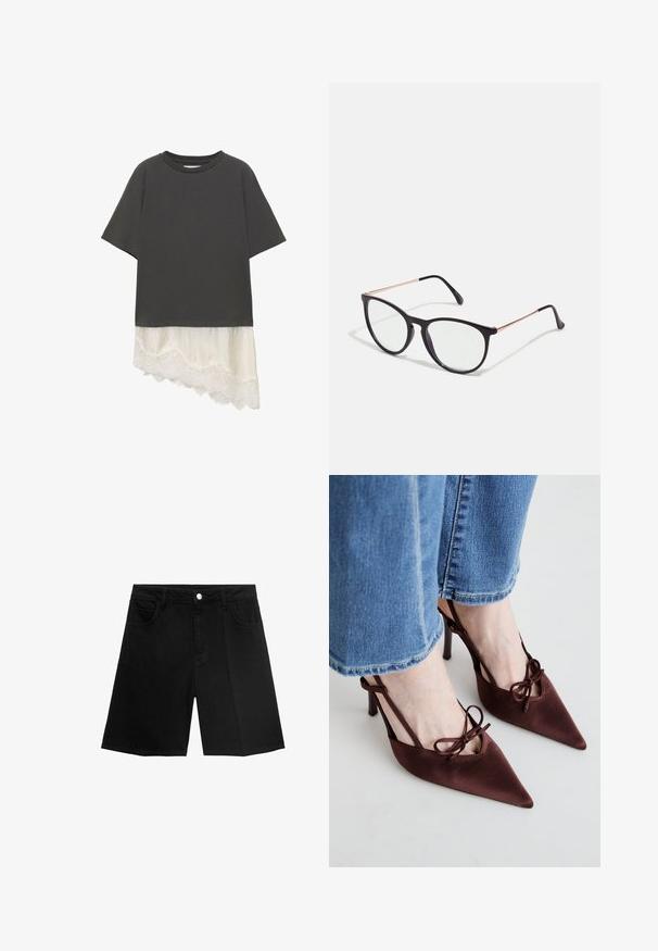 Sort kortærmet top med asymmetrisk kant, der har hvid blonderkant, som strækker sig under hovedstoffet.; Sorte denim shorts med lige snit, fem lommer og sølvfarvet knaplukning. Glat tekstur med minimal syning.; Simmi London KLARA - Højhælede pumps - chocolate; Sorte cat-eye solbriller med klare linser, tynde rosegold metallakcenter og glatte sorte plastisk rammer. Slank design og buede stænger.