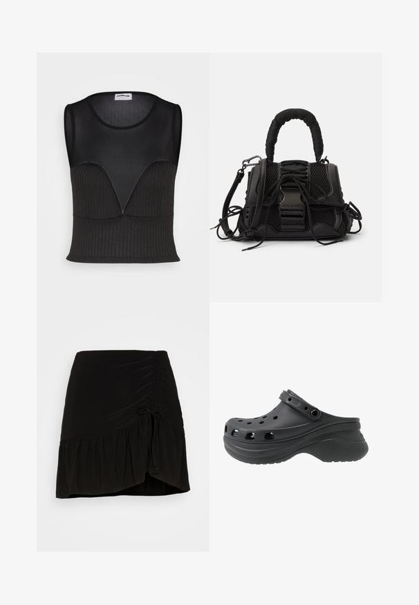 Noisy May DERIN MIX - Top - black; Even&Odd Mini skirts - black; Sort klipklap med perforerede sidehuller, lavet af et letvægts plastmateriale. Har en bagrem og en struktureret sål.; Sort håndtaske med en netlignende overflade, vævet håndtag og dekorativ snøring. Indeholder aftagelig rem og kontrasterende metaldele.