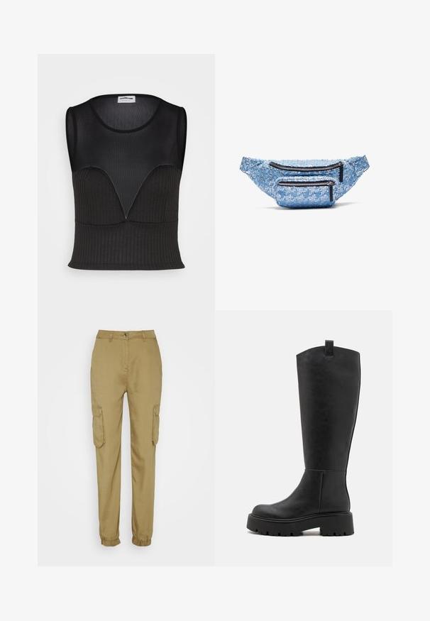 Noisy May DERIN MIX - Top - black; ONLY ONLKENYA LIFE PANT - Kapsáče - aloe; Čierne kozákové čižmy z faux kože po kolená s robustnou platformou, zaoblenou špičkou a pútkom na vrchu. Hladký povrch a minimalistický dizajn.; Modrý taštička na pás s flitrami, ktorá má dve zipsové vrecká, textúrový povrch, čierne zipsy a nastaviteľný pás.