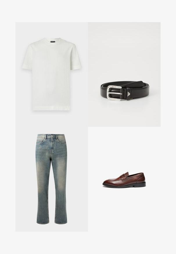 Hvid T-shirt lavet af tekstureret stof med gittermønster, der har rund hals og korte ærmer.; Lys blå denim jeans med lige ben, mellemhøj talje og subtilt slid. Har klassisk lomme-design og kontrasterende stikninger.; Brune læder loafers med en glat finish, rund tå, dekorativ rem og sort gummisål. Har minimal syning detaljer.; Sort læderbælte med en sølvmetalspænde, der har en glat tekstur og et logo-detalje på remmen nær spænde.