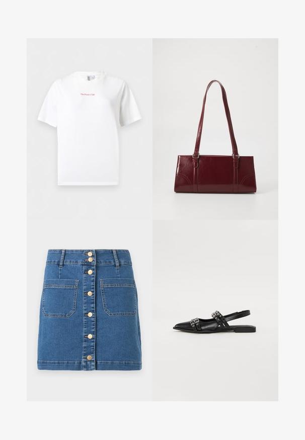 T-shirt blanc à manches courtes avec col rond, arborant un petit texte rouge « The Picnic Club » centré sur la poitrine.; Mini-jupe en denim bleu avec fermeture à boutons sur le devant et deux grandes poches plaquées, dotée de passants de ceinture et de coutures contrastantes.; Even&Odd by Zalando Ballerines à brides arrière - black; Sac à main bordeaux en matériau brillant, de forme rectangulaire, avec deux anses et des accents légèrement courbés à l'avant.