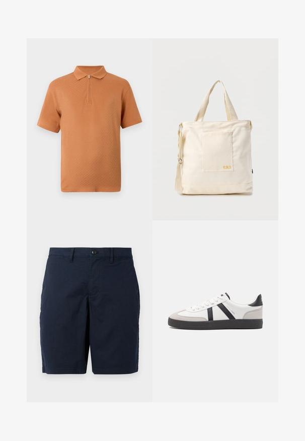 Kurzarm-Poloshirt für Herren in strukturierter oranger Farbe mit einem Reißverschluss am Ausschnitt und einem klassischen Kragen auf weißem Hintergrund.; Marineblaue Shorts aus leichtem Stoff. Mit Knopfverschluss, flachem Vorderteil und zwei Seitentaschen. Klassisches, gerades Schnittdesign.; Weiße Sneaker mit schwarz- und grau-aczenten, ausgestattet mit einer strukturierten grauen Zehenkappe, schwarzer Gummi-Sohle und flachen weißen Schnürsenkeln. Sauberes Design, minimalistische Stil.; Beige Canvas-Shopper mit Fronttasche, zwei Griffen, verstellbarem Schulterriemen und kleinem gelbem "O.N.S"-Text unten rechts auf der Tasche.