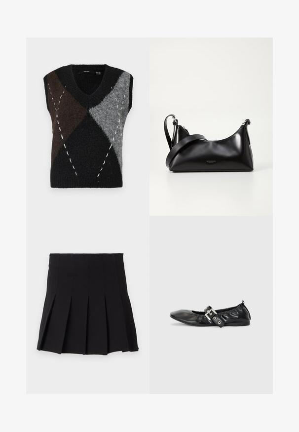 Ärmellose V-Ausschnitt-Strickweste mit geometrischem Patchwork in Schwarz, Grau und Braun, ergänzt durch weiße Akzentnähte und eine strukturierte Oberfläche.; Schwarzer gefalteter Rock mit einem taillierten Bund, aus einem glatten Stoff gefertigt. Verfügt über mehrere vertikale Falten für eine strukturierte Silhouette.; Schwarze Leder-Ballerinas mit spitzem Zehenbereich, gerafften Details am Schaft und einem silbernen Schnallenakzent am verstellbaren Riemen.; Schwarze lederne Handtasche mit glatter Textur. Verfügt über einen verstellbaren Riemen und ein elegantes, minimalistisches Design mit einem Reißverschluss.