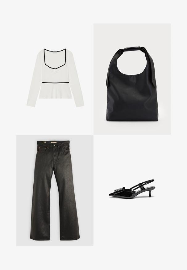 Witte top met lange mouwen en een vierkante halslijn, zwarte bies, geplooid voorpand en een empire taille. Gladde stof met een lichte stretch.; Zwarte denim wijd-uitlopende broek met een gladde textuur, voorzien van vijf zakken en details met koperen hardware. Klassieke knoopsluiting.; Zwarte gepatineerde lederen slingback hakken met een puntige neus, een strikdetail aan de voorkant en een kleine stilettohak. De bandjes hebben verstelbare gespen.; Zwarte lederen handtas met een grote open bovenkant en een enkele schouderriem. Zachte textuur, minimalistisch ontwerp, met subtiele metalen accenten.