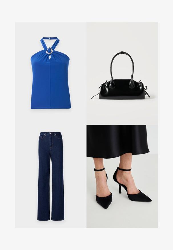 Blauer Neckholder-Top mit verdrehten Trägern und silbernem ovalem Ringdetail am Ausschnitt, aus glattem Stoff.; Dunkelblaue Denim-Jeans mit hoher Taille, weitem Bein und klassischem Fünf-Taschen-Design. Abgerundet mit kontrastierenden Nähten und einem Metallknopf.; Schwarze spitze High Heels aus glattem Stoff mit einem Stiletto-Absatz und einem schmalen Knöchelriemen, mit einem offenen Seitendesign.; Kleine schwarze glänzende Handtasche mit zwei langen Griffen und seitlichen Kordelzug-Details vor einfachem hellem Hintergrund.