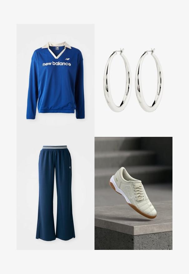 Blå langærmet atletisk trøje med hvid krave, meshstruktur og "new balance" logo i hvidt over brystet.; Marineblå sportsbukser med bred benvidde, elastisk talje med en hvid stribe og sideskridser for bedre bevægelse. Logo på lommen.; Lysebeige sneaker med quiltet tekstur, hvid sål og gummi-sål. Har snørelukning og diskret Nike-logo.; Sølv hoops øreringe med en glat, reflekterende overflade. Rund, stor form med en sikker lås øverst. Den polerede finish fremhæver glansen.