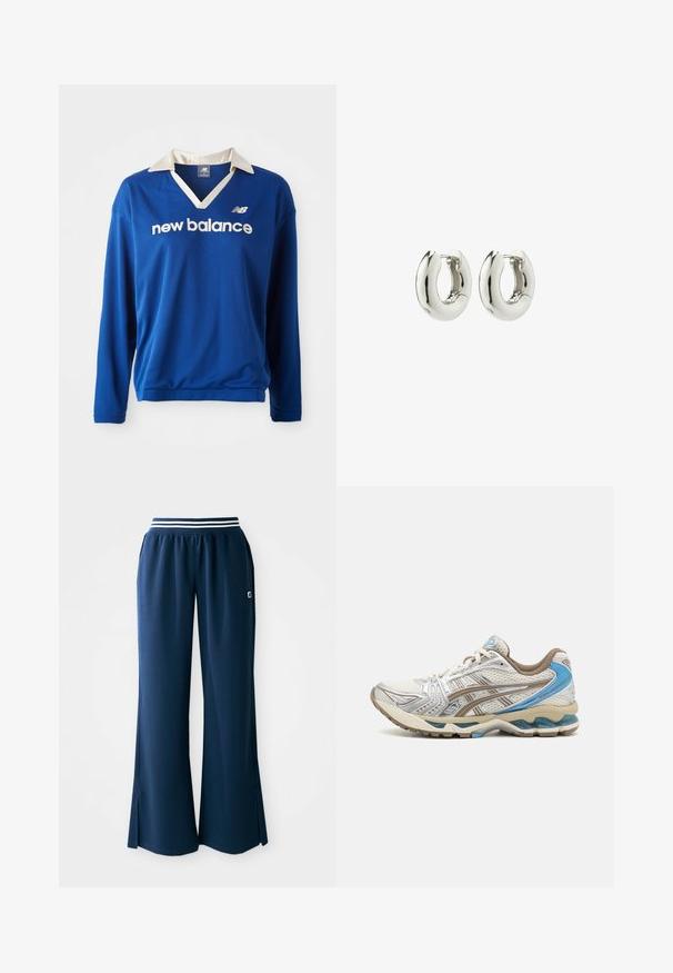 Sinine pikkade varrukatega sporditopp, millel on valge krae, võrkmaterjal ja rinnale valge "new balance" logo.; Tumesinine spordipüksid, laia jala ja elastse vöökohaga, millel on valge triip ning külgmised lõhikud suurema liikumisvabaduse jaoks. Logo taskul.; Valge ja beež jooksujalanõu siniste aktsentidega, võrkkattega pealmise osaga, pehmendusega tallaga ja paeltega disainiga, nähtav välisküljelt.; Hõbedased rõngas kõrvarõngad, millel on sujuv, ümar disain ja läikiv viimistlus. Omab lihtsat hingedega sulgemist, mis tagab mugava kandmise.