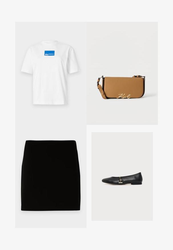T-shirt en coton blanc à manches courtes et col rond. Logo rectangulaire bleu centré avec le texte "KARL LAGERFELD JEANS".; Jupe mini noire en tissu lisse, présentant un design simple sans coutures ni ornements visibles. Lignes épurées et coupe droite.; Ballerine plate en cuir noir avec un petit détail de boucle dorée sur le côté, talon bas et bout arrondi, présentée de profil sur fond blanc.; Sac à épaule en cuir marron avec bandoulière réglable et détail de signature dorée "Karl" sur le rabat avant.