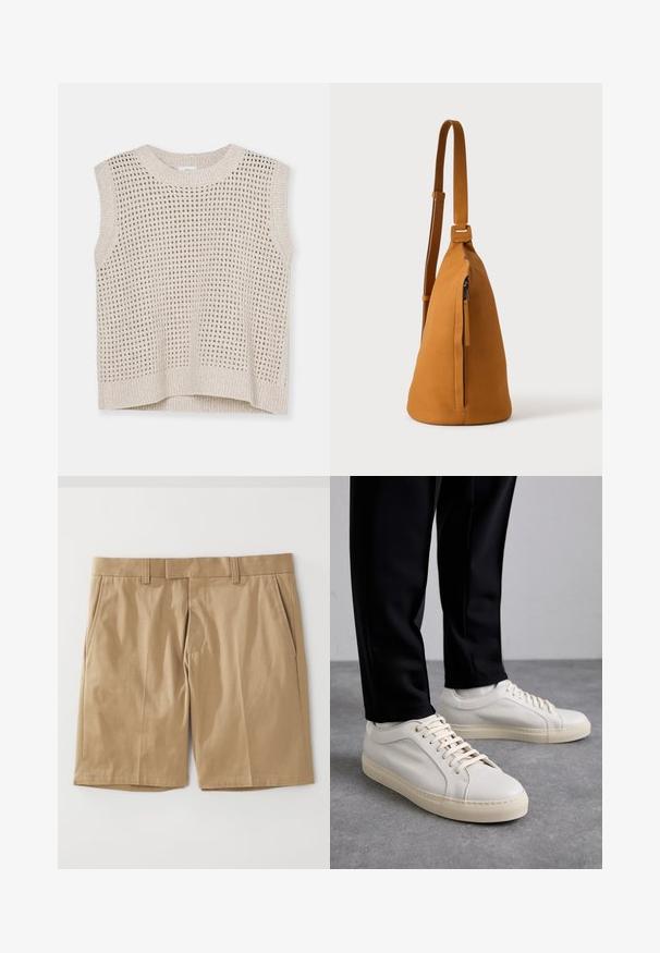 Gebreide mouwloze top in lichtbeige met open weefpatroon, ronde hals en geribbelde onderrand. Zachte textuur; casual ontwerp dat geschikt is voor layering.; Khaki shorts met een soepele, geweven textuur, voorzien van twee zijzakken en een rechte snit, ontworpen met een platte tailleband en riemlussen.; Lichtbeige leren sneakers met platte veters, een gestructureerd oppervlak en een contrasterende crème-kleurige rubberen zool, gecombineerd met zwarte taps toelopende broek.; Lichtbruine leren schoudertas met verstelbare band en verticale ritszak, zijaanzicht tegen een effen lichte achtergrond.