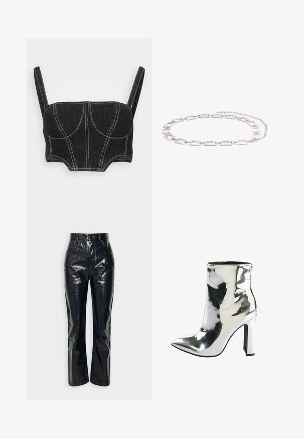 Mustmustest mustcrop top peenikeste rihmadega, millel on valged õmblused, struktureeritud kehaosa ja kõverad õmblused. Sile tekstuur ja mannekeenile sobiv disain.; Abercrombie & Fitch CLASSIC PATENT 90S STRAIGHT - Püksid - approved black; Hõbedane patendiga nahast üliõhukene saapad terava varbaga, jäme kõrge konts ja külgvooder, millel on sile ja läikiv tekstuur.; Hõbedat värvi kaelakee avatud kandiliste ahelalinkidega ja reguleeritava lukuga kettaga valgel taustal.
