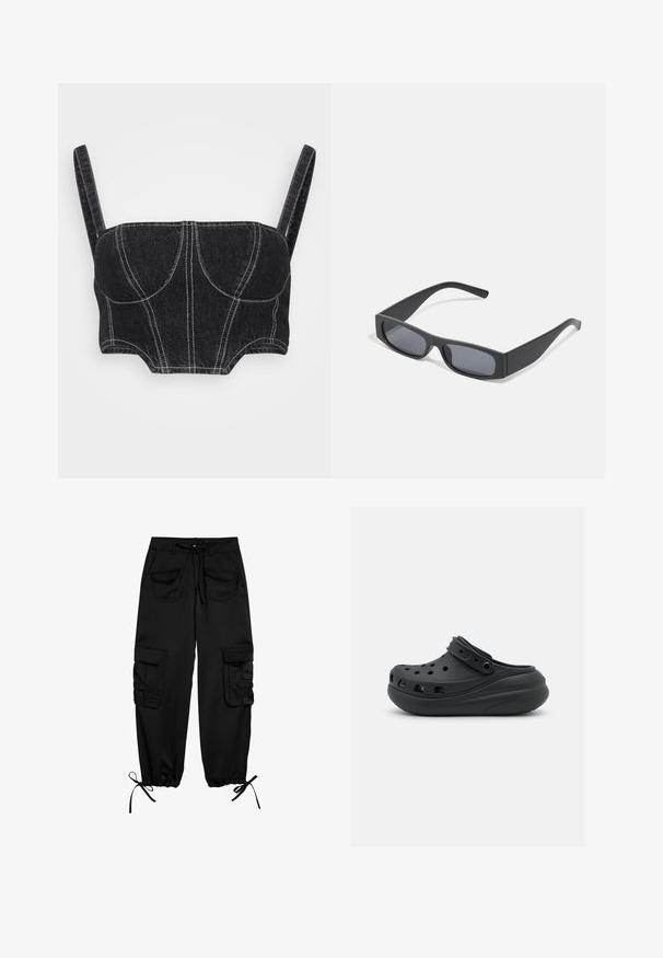 Sort denim crop top med tynde stropper, der har hvid syning, struktureret korpus og buede sømme. Glat tekstur og tætsiddende design.; Sorte cargo-bukser lavet af blødt stof, med snor i taljen, to forlommer og to sidelommer med knapklapper. Justerbare manchetter.; Sorte gummiklipper med ventilationshuller, hævet hæl og justerbar rem. Glat tekstur og rund form.; Sorte rektangulære solbriller med mørke linser og tykke matte stel. Armen er let tilspidset med en glat overflade.