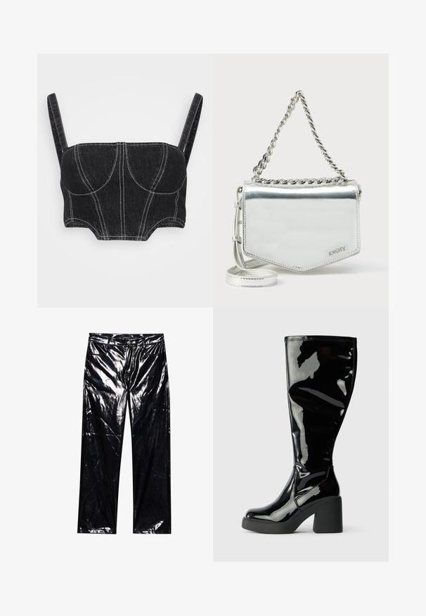 Čierny deninový crop top s tenkými ramienkami, so svetlým prešívaním, štruktúrovaným telom a zakrivenými švami. Hladká textura a priliehavý strih.; Čierne, lesklé, umelé kožené nohavice so širokými nohavicami, klasickým dizajnom s piatimi vreckami, zapínaním na gombík a zips a lesklou textúrou.; Čierne lakované kožené čižmy po kolená s hladkým, lesklým povrchom, štvorcovými špičkami a hrubými čiernymi podpätkami. Švy pozdĺž bokov.; Strieborná kovová kabelka na rameno s reťazovým popruhom, geometrickým tvarom, hladkou textúrou a detailom loga. Má zipsové uzatváranie a zdobené stehy.