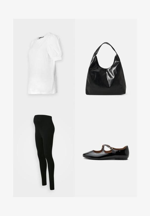 Camiseta blanca de manga corta con escote redondo y mangas abullonadas, hecha de un tejido suave, con dobladillo recto y aberturas laterales.; Leggings de maternidad negros con una cinturilla alta y de soporte, textura suave, diseño ajustado y sin patrones ni adornos visibles.; Zapato plano Mary Jane de charol negro con dos recortes y una correa con hebilla dorada sobre fondo blanco.; Bolso hobo de cuero negro con una textura suave y brillante y un diseño de parte superior redondeada y abierta. Cuenta con una amplia correa curvada para llevar. Sin hardware visible.