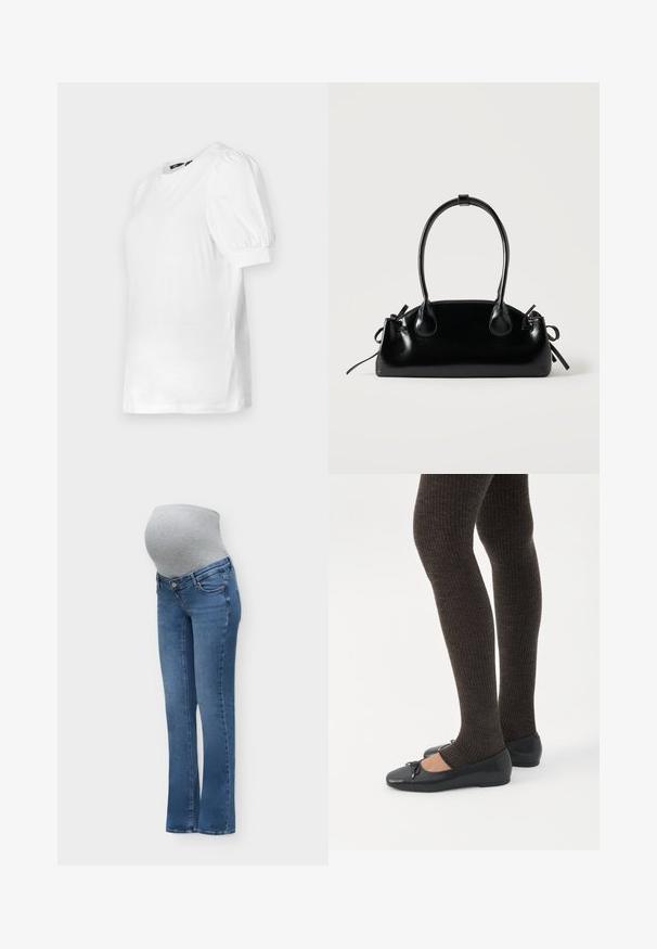 Hvid kortærmet t-shirt med rund halsudskæring og puffede ærmer, lavet af blødt stof, med lige nederkant og sideslids.; Blå graviditetsjeans med en grå elastisk mavepanel designet til at sidde over en gravid mave for komfort og støtte.; Ben iført mørke ribbede leggings kombineret med sorte balletsko med små sløjfedetaljer på hvid baggrund.; Lille sort blank håndtaske med to lange håndtag og snøre-detaljer i siden på en ensfarvet lys baggrund.