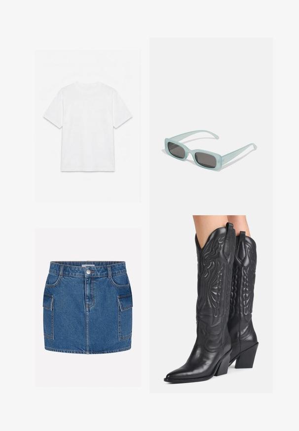 Effend wit T-shirt met korte mouwen en ronde hals, plat gelegd op een witte achtergrond.; Denim rok, blauwe wasservice, met voorkruimelzakken en achterzakken. Heeft contrasterende stiksels en een knoopsluiting in de taille.; Zwarte leren cowboylaarzen met spitse neuzen, decoratieve stiksels en schuine blokhakken gedragen door een persoon.; Een paar rechthoekige zonnebrillen met lichtblauwe doorzichtige monturen en donkergrijze glazen, met rechte pootjes en minimale hardwaredetails.