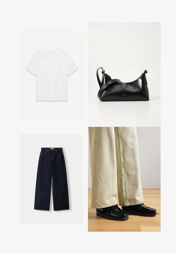 Hvid ensfarvet t-shirt med korte ærmer og rund hals, lagt fladt på en hvid baggrund.; Mørkeblå denim wide-leg jeans med høj talje, fem lommer, kontraststing og sølvfarvet metalbeslag. Glat overflade og pæn finish.; Sorte patenterede lædersko med en tekstureret platformssål, der har snørebåndsdesign og sy detaljer. Båret med lysebeige brede bukser.; Sort læderhåndtaske med en glat tekstur. Har en justerbar stropp og et enkelt, minimalistisk design med lynlås.