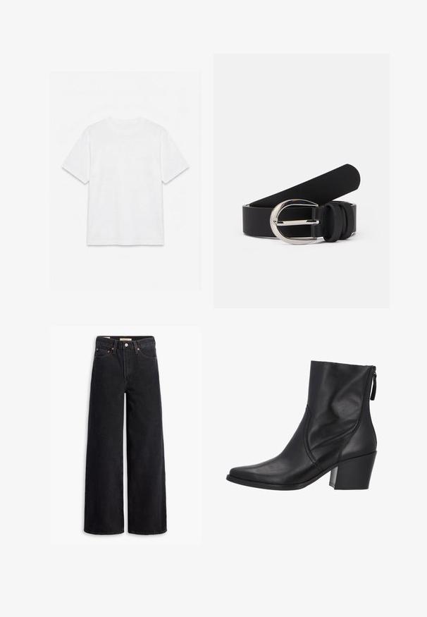 Hvid ensfarvet t-shirt med korte ærmer og rund hals, lagt fladt på en hvid baggrund.; Sorte brede benjeans lavet af denim, med fem lommer, kobbernitter og en klassisk knaplukning. Glat tekstur med et rent design.; Sort ankelstøvle lavet af glat læder med en spids tå, lynlås i siden og en chunky hæl. Enkel syning tilføjer detaljer.; Sort læderbælte med en glat overflade, der har en sølvfarvet metalspænde og enkle løb-accenter. Designet er elegant og minimalistisk.