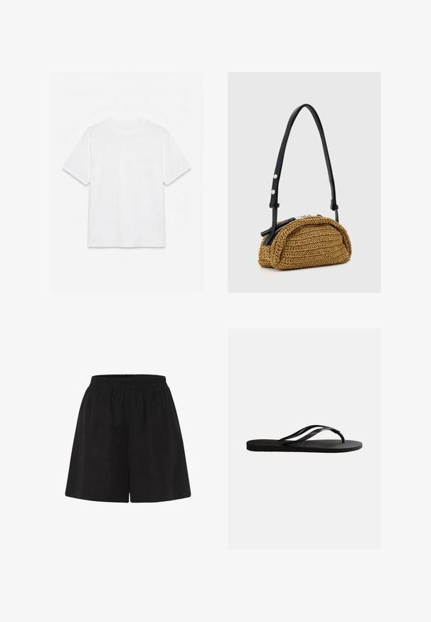 Camiseta blanca lisa de manga corta con cuello redondo, colocada plana sobre un fondo blanco.; Pantalones cortos de algodón negros con cinturilla elástica, con un ajuste holgado y un diseño de pierna recta. Textura suave, sin patrones o acentos adicionales.; Chancla negra de goma con plantilla texturizada y finas correas en forma de Y sobre un fondo blanco liso.; Pequeño bolso tejido de color tostado con forma curva, correa de cuero negra ajustable y cierre de cremallera plateada.