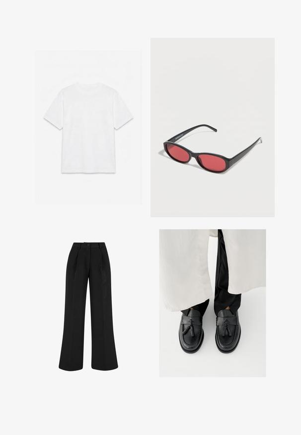 Camiseta blanca lisa de manga corta con cuello redondo, colocada plana sobre un fondo blanco.; Pantalones negros de talle alto y pierna ancha con pinzas delanteras, trabillas para cinturón y cierre con botón en la cintura.; Mocasines de cuero negro con detalles de borlas, con punta redondeada, costuras decorativas y acabado liso, combinados con pantalones negros.; Gafas de sol ovaladas negras con varillas delgadas y lentes tintados de rojo descansando sobre una superficie blanca.
