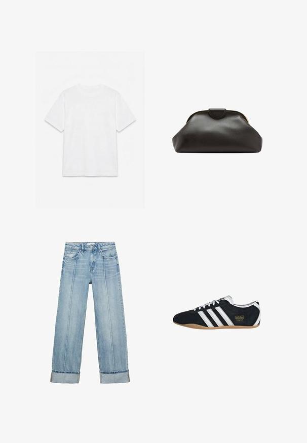 Camiseta blanca lisa de manga corta con cuello redondo, colocada plana sobre un fondo blanco.; Jeans anchos de mezclilla azul claro con una cintura alta, que cuentan con cinco bolsillos, costuras visibles y dobladillos en los puños.; Zapatillas de ante negro con tres franjas blancas, logotipo dorado y suela de goma marrón. Presentan un diseño de cordones de perfil bajo.; Bolso de mano de cuero negro suave con un marco redondeado y un pequeño cierre en la parte superior central.