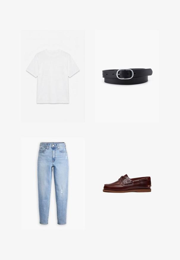 Camiseta blanca lisa de manga corta con cuello redondo, colocada plana sobre un fondo blanco.; Jeans de tiro alto azul claro hechos de denim, con pierna recta, un ligero desgaste y una pequeña área desgastada en el muslo derecho.; Zapato náutico de cuero marrón con cordones, detalles de costura y logo de Timberland en el lateral, mostrado sobre un fondo blanco.; Cinturón de cuero negro con una textura suave, hebilla ovalada de metal plateado y múltiples agujeros de ajuste a lo largo de la correa. Diseño plano y minimalista.